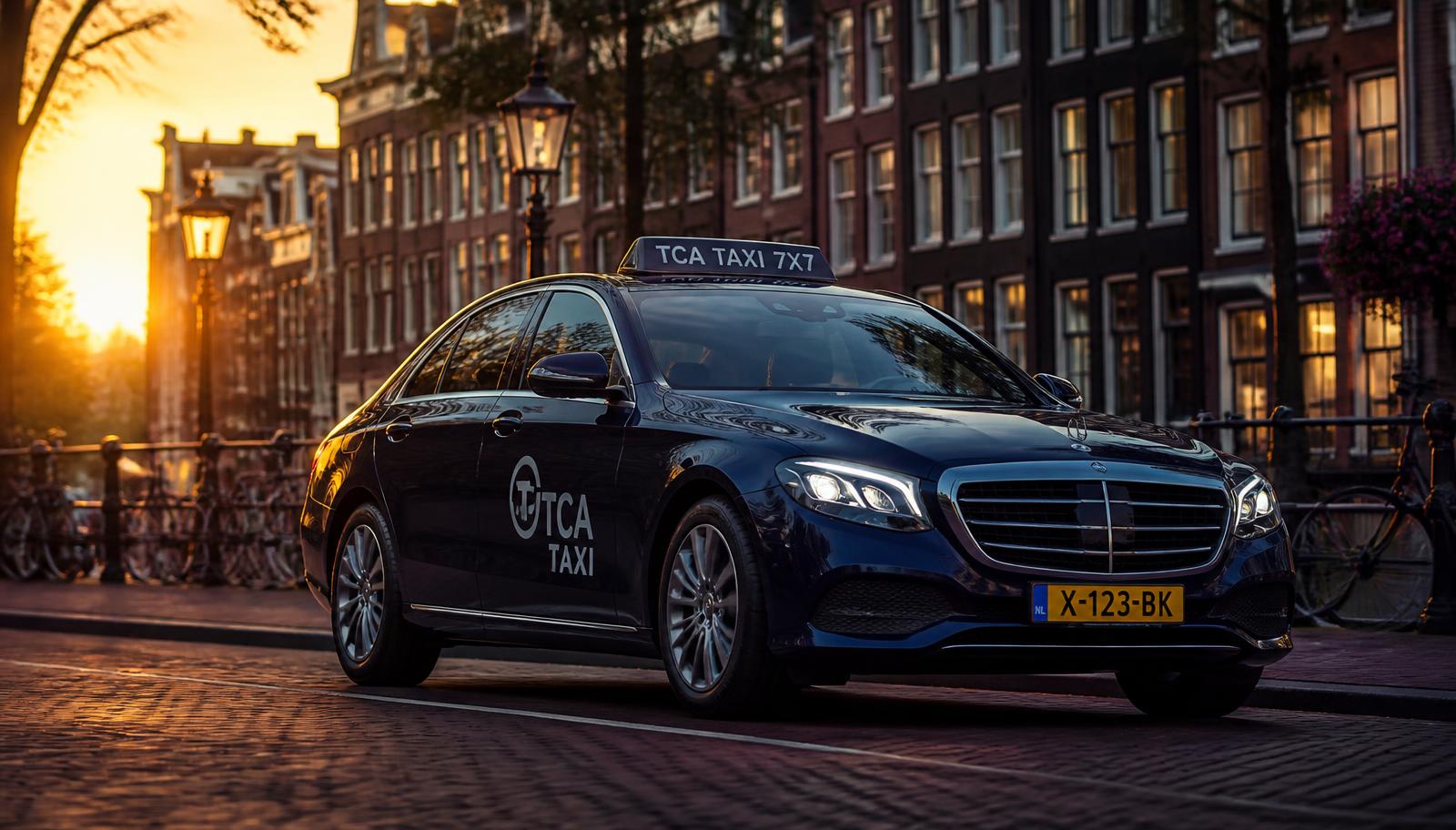 Taxi op een Nederlandse stadsstraat bij zonsondergang